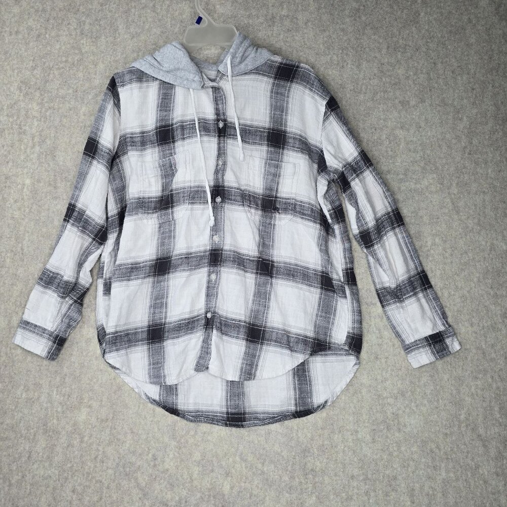 American Eagle Hooded Plaid Button-Up Shirt Black/White Size M Cotton Blend